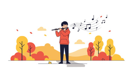 Illustration of a Musician Playing a Flute in an Autumn Landscape Environment Scene