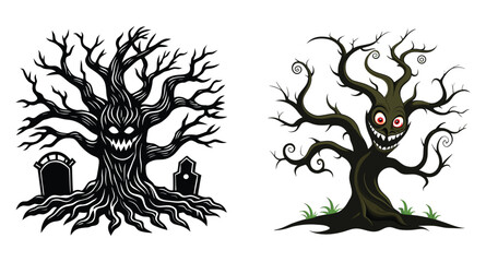 Scary Halloween Tree Clipart Set – Spooky Haunted Trees with Faces and Lanterns

