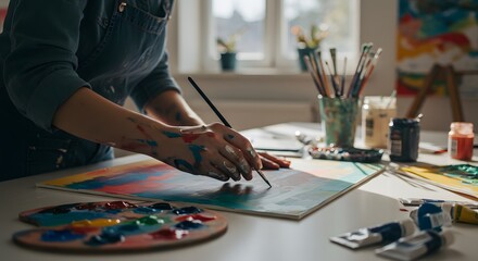 Fototapeta premium Creative Hands of an Artist Painting with Colorful Acrylics on Canvas
