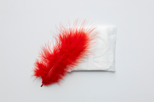Red feather on sanitary pad symbolizing menstruation