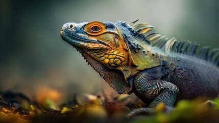 Fototapeta premium High-detail close-up of iguana on forest floor, moody natural lighting, focused eye, exotic wildlife