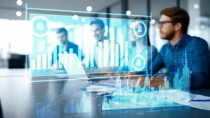 A team of executives collaborates around a table with virtual graphs and charts overlaying the workspace. Digital transformation and data driven insights shape the future of business operations - Powered by Adobe