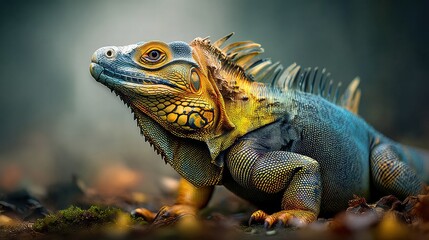 Obraz premium High-detail close-up of iguana on forest floor, moody natural lighting, focused eye, exotic wildlife