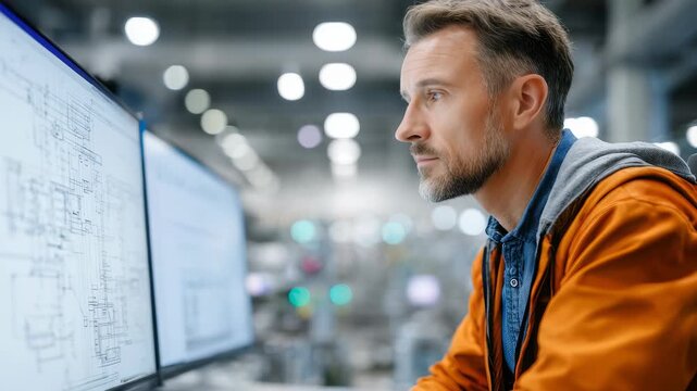 Male engineer in bright workspace studies digital schematics on computer screen, showcasing advanced technology. Environment highlights precision, concentration, contemporary industry trends