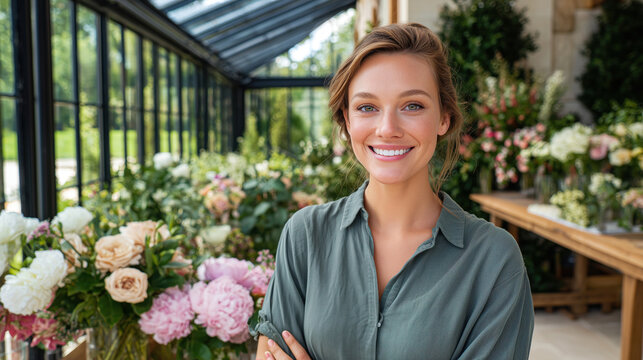Female flower shop owner standing in a greenhouse surrounded by elegant floral arrangements - Powered by Adobe