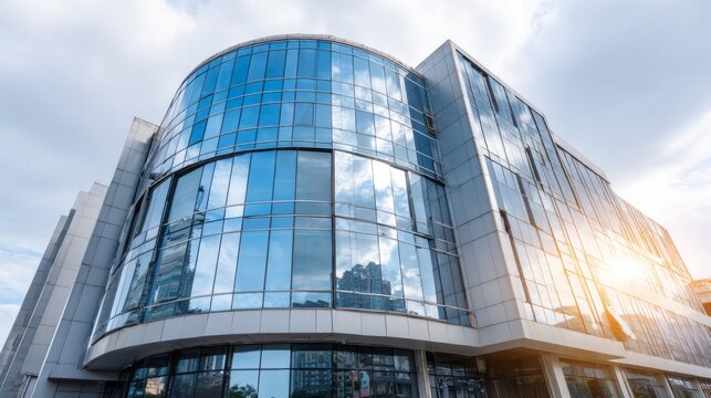Modern building showcases curved glass design under a cloudy sky with reflections of the city skyline in the glass surface