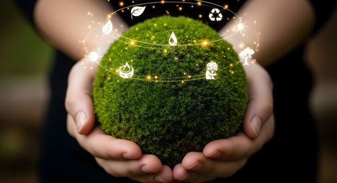 Hands holding a green moss ball with glowing digital icons representing environmental conservation, sustainability, and green technology. - Powered by Adobe