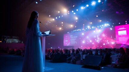 A woman addresses a packed audience at a conference, illuminated by vibrant stage lighting in a dynamic, engaging atmosphere.