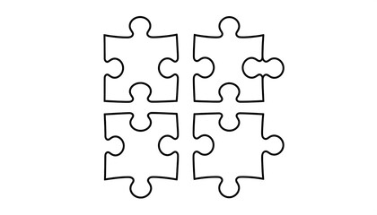A simple, black outline illustration of four interlocking puzzle pieces, conveying a concept of unity and completion.