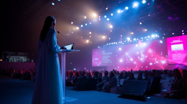 A woman addresses a packed audience at a conference, illuminated by vibrant stage lighting in a dynamic, engaging atmosphere. - Powered by Adobe
