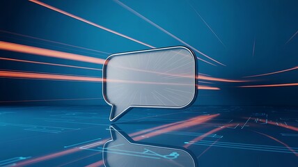 Blank chat message speech bubble on blue background with flashy light trails