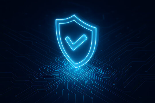 Glowing blue neon shield with check mark symbolizing security protection and safety assurance