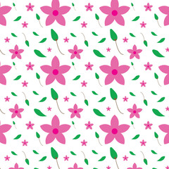 Seamless floral pattern with pink flowers and green leaves on a white background
