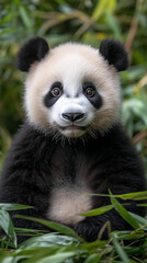 Fototapeta premium A cute baby giant panda cub sits calmly among lush green bamboo plants, looking directly at the camera.