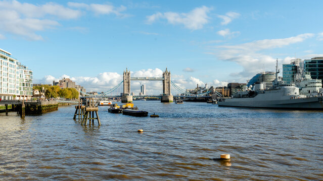 Tower Bridge and HMS Belfast on a sunny day in London