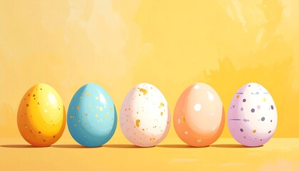 Five vibrantly colored Easter eggs, decorated with speckled patterns of gold, sit in a row against a soft, pastel yellow background, evoking a sense of spring and celebration.