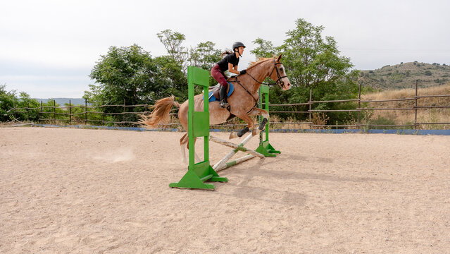Equestrian rider jumping over green obstacle outdoors