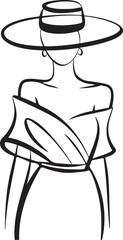 Elegant woman with wide brim hat and off-the-shoulder top line drawing