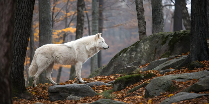 White wolf standing in autumn forest with fallen leaves and mossy rocks arctic wolf canine