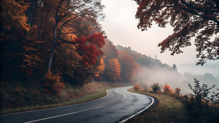 Winding asphalt road through misty autumn forest with vibrant foliage fall