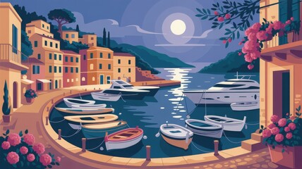 Picturesque harbor scene with moored boats, vibrant architecture and warm sunset glow. Tranquil coastal artwork for wall art, packaging or tourism content.