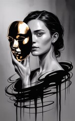 Black and white portrait of person holding metallic mask near face. Conceptual artwork exploring identity, duality and emotional contrast for editorial or artistic use.