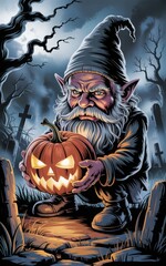 Creepy gnome character with pumpkin lantern in moonlit forest. Halloween-themed illustration with eerie trees and glowing candlelight for spooky decor or digital use.