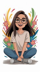 Happy person in casual outfit with colorful abstract background. Positive modern illustration for greeting cards, editorial design or digital decor.