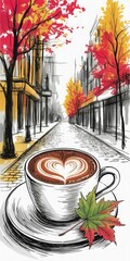 Stylized autumn coffee scene with vibrant trees, street view and latte art. Warm seasonal artwork for printable design, stationery or lifestyle-themed visuals.