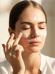 Woman applying skincare cream to her face