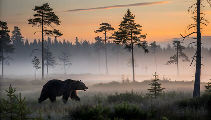 Brown bear walking through misty forest at sunrise with pine trees Ursus arctos wildlife