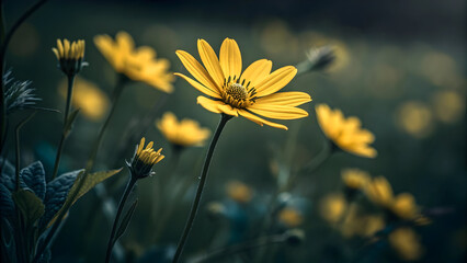 Close up of a bright yellow daisy with dark green blurred background yellow flower nature