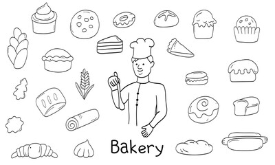 A set of hand-drawn doodle elements for baking and cakes on a white background
