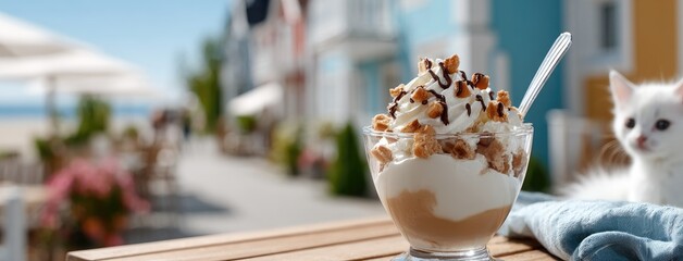 A playful white kitten stands on its hind legs, reaching for cream atop an ice cream sundae in a vibrant beach cafe