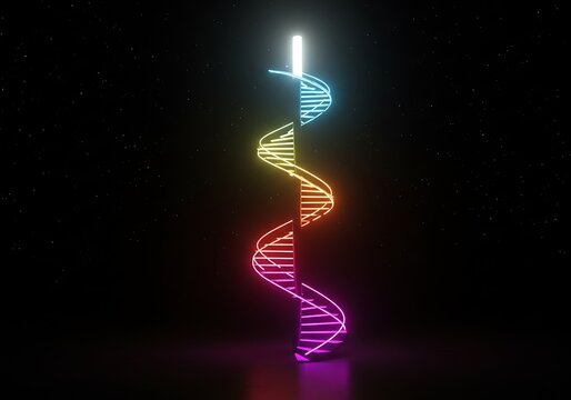 Abstract glowing double helix dna strand with vibrant rainbow colors on black background