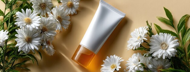 Sunscreen tube adorned with daisies sits against an orange backdrop, showcasing a fresh, clean beauty advertising vibe in a close-up view