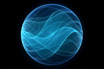 Glowing blue abstract sphere with flowing wave patterns on black background light