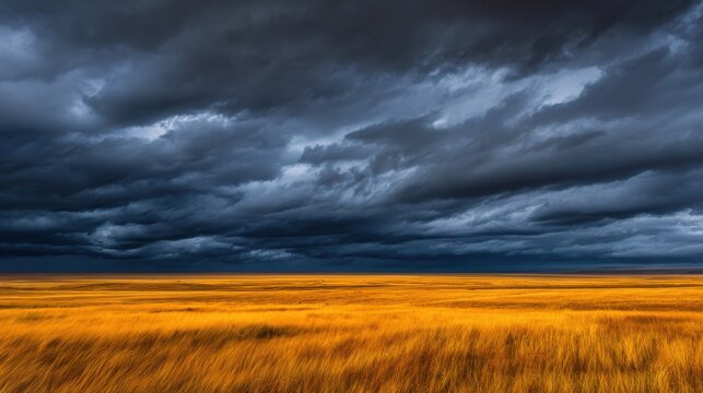Dramatic sky over golden grassland at dusk with dark storm clouds gathering in the background - Powered by Adobe
