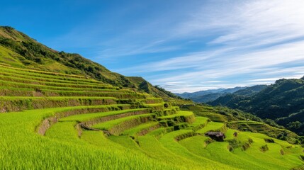 Obraz premium Lush terraced rice fields on a hillside under a clear blue sky with distant mountains in the background