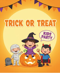 Kids Halloween Celebration Banner Joyful Children in Costume, Bats, and Decorative Text Layout
