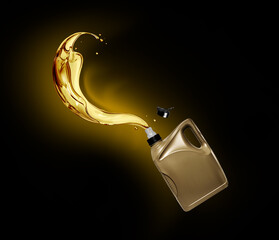 Splashes of engine oil pouring from a plastic container on a black background