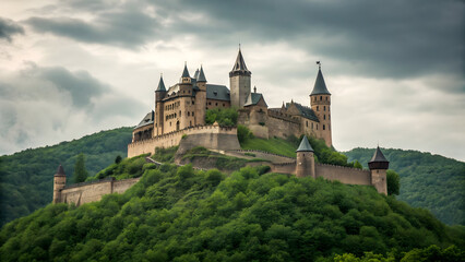 Fototapeta premium Majestic medieval castle perched on a lush green forested hill under dramatic clouds fortress