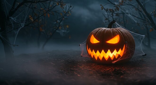 Spooky jack o lantern glowing in a dark misty forest at night