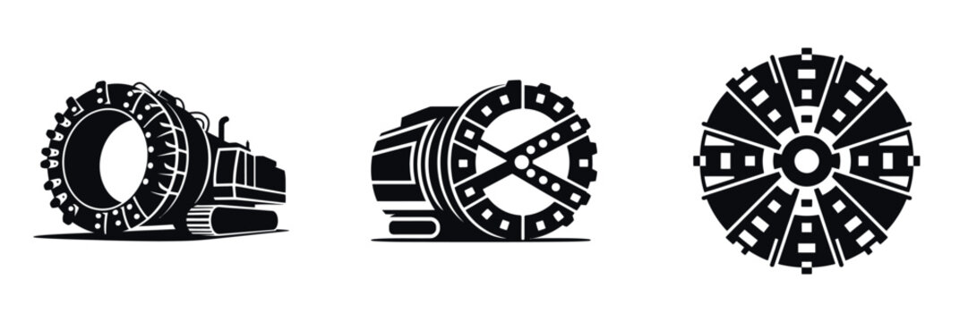 Tunnel Boring Machine Silhouette Icons &ndash; TBM Construction Equipment Vector, Underground Excavation Machinery, Mining Drill Cutter Head, Civil Engineering Tools for Subway and Infrastructure Projects