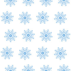 Seamless winter pattern with delicate light blue snowflakes on a crisp white background, perfect for fabric, wrapping paper, and holiday-themed decorations