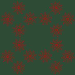Seamless winter pattern with bold red snowflakes on a deep green background, ideal for festive fabric, holiday wrapping paper, and seasonal decorations