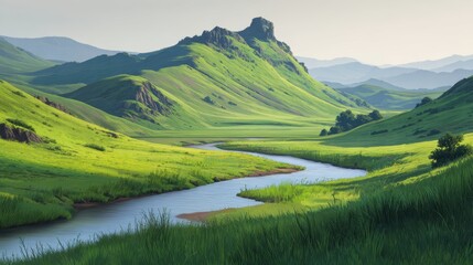 Naklejka premium Serene landscape showcasing lush green hills, a winding river, and distant mountains under a clear sky