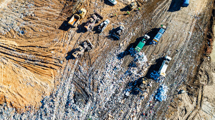 County Landfill from Above: Dump Trucks and Machinery in Action