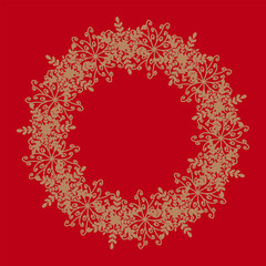 Intricate golden snowflake wreath on a vibrant red background, seamless holiday pattern for cards, textiles, and festive decorations