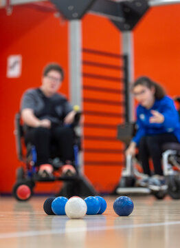 Boccia players with cerebral palsy practice their skills